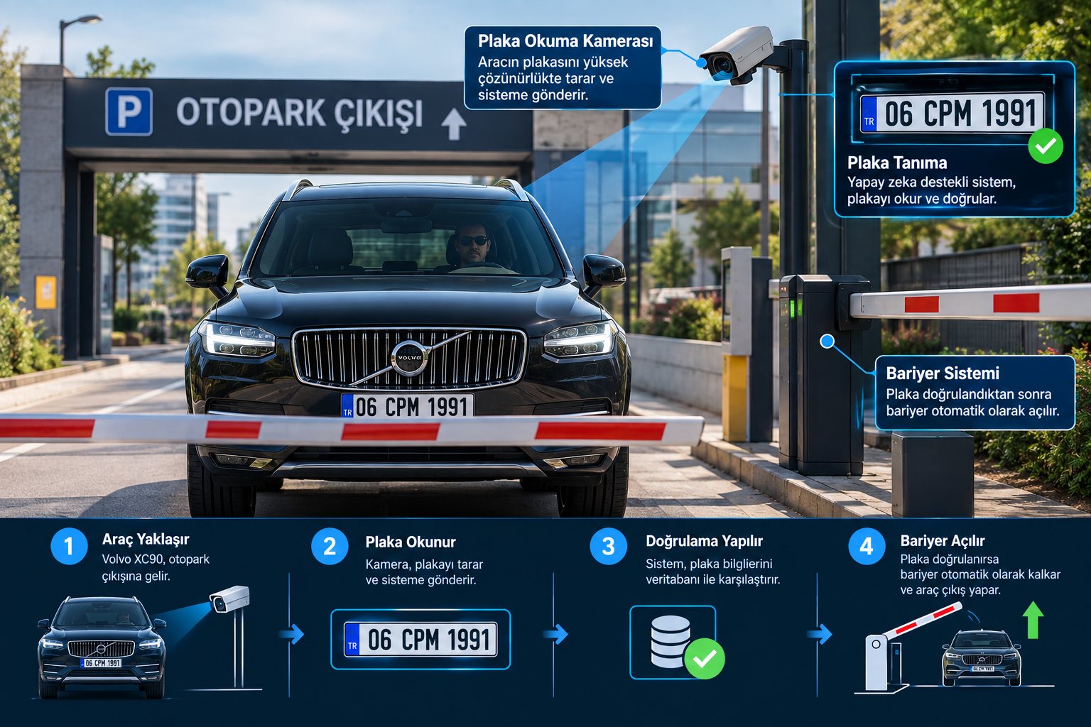 Otopark çıkışı: plaka okunuyor, doğrulanıyor ve bariyer otomatik açılıyor