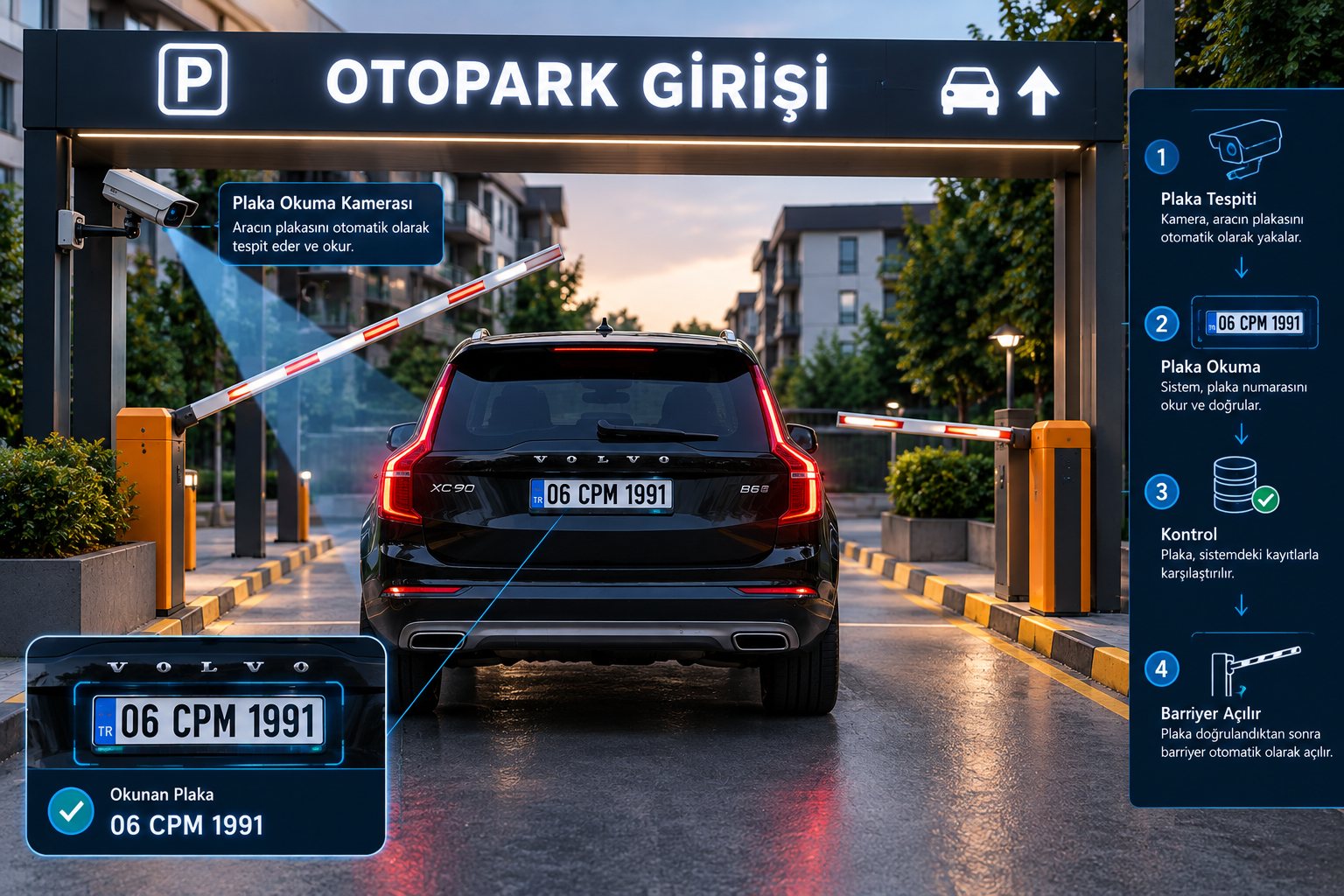 Otopark girişi: plaka tanıma kamerası Volvo XC90'ın 06 CPM 1991 plakasını okuyor, bariyer açılıyor